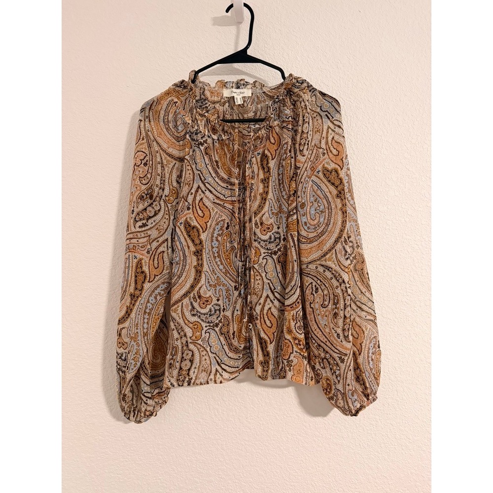 Haven + Blair London Paisley Ruffle Neck Button Front Blouse Brown Blue Medium